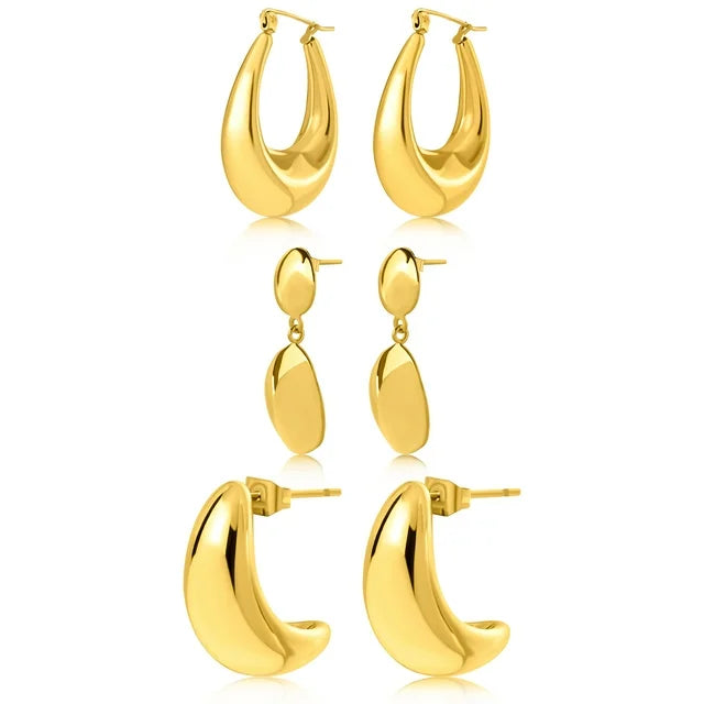 JEENMATA 3 Pairs Fashion MultiPack Earrings Set for Women in Yellow Gold Plating, Hoop Earrings, Chunky, Lightweight Drop Hypoallergenic Earrings Gift for Women