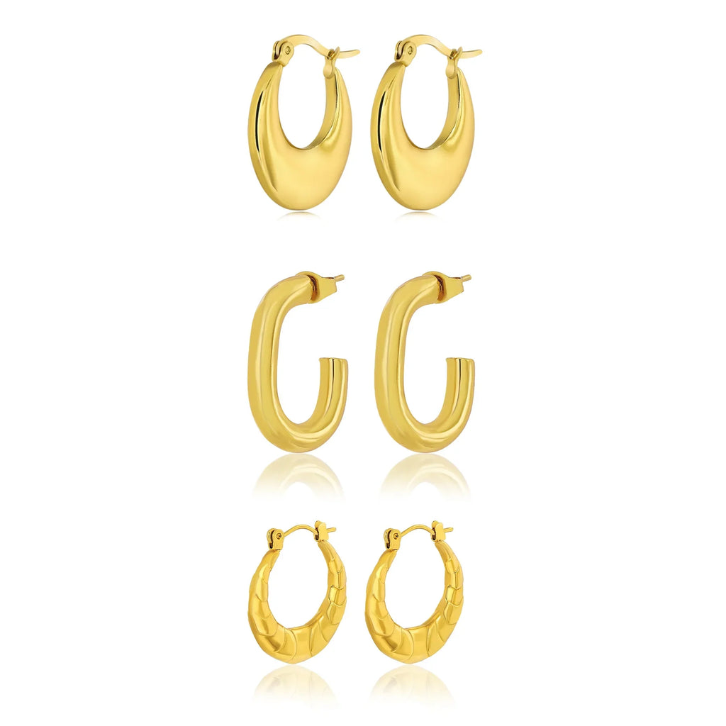 JEENMATA 3 Pairs Fashion MultiPack Earrings Set for Women in Yellow Gold Plating, Hoop Earrings, Chunky, Lightweight Drop Hypoallergenic Earrings Jewelry Gift for Women