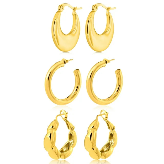 JEENMATA 3 Pairs Fashion MultiPack Earrings Set for Women in Yellow Gold Plating, Hoop Earrings, Chunky, Lightweight Drop Hypoallergenic Earrings Jewelry Gift for Women