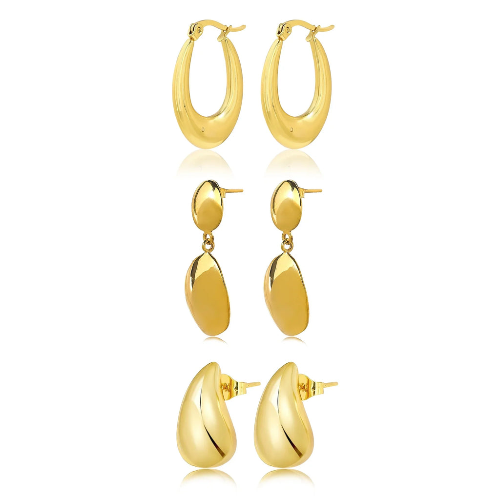 JEENMATA 3 Pairs Fashion MultiPack Earrings Set for Women in Yellow Gold Plating, Hoop Earrings, Chunky, Lightweight Drop Hypoallergenic Earrings Gift for Women
