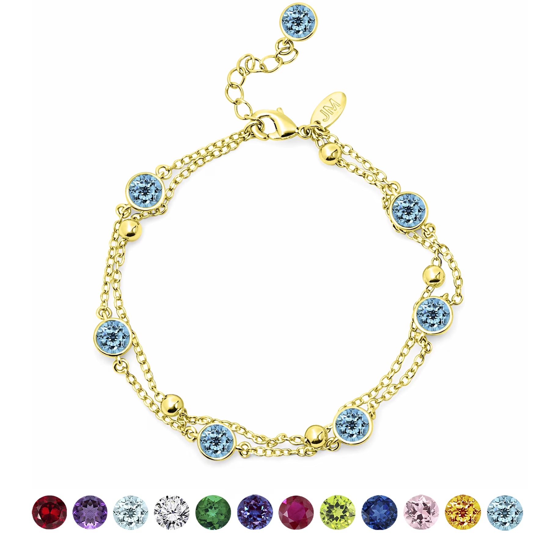 JeenMata 3.5 Carat December Blue Topaz Birthstone Double Layer Bracelet - in Yellow Gold Plating for Women