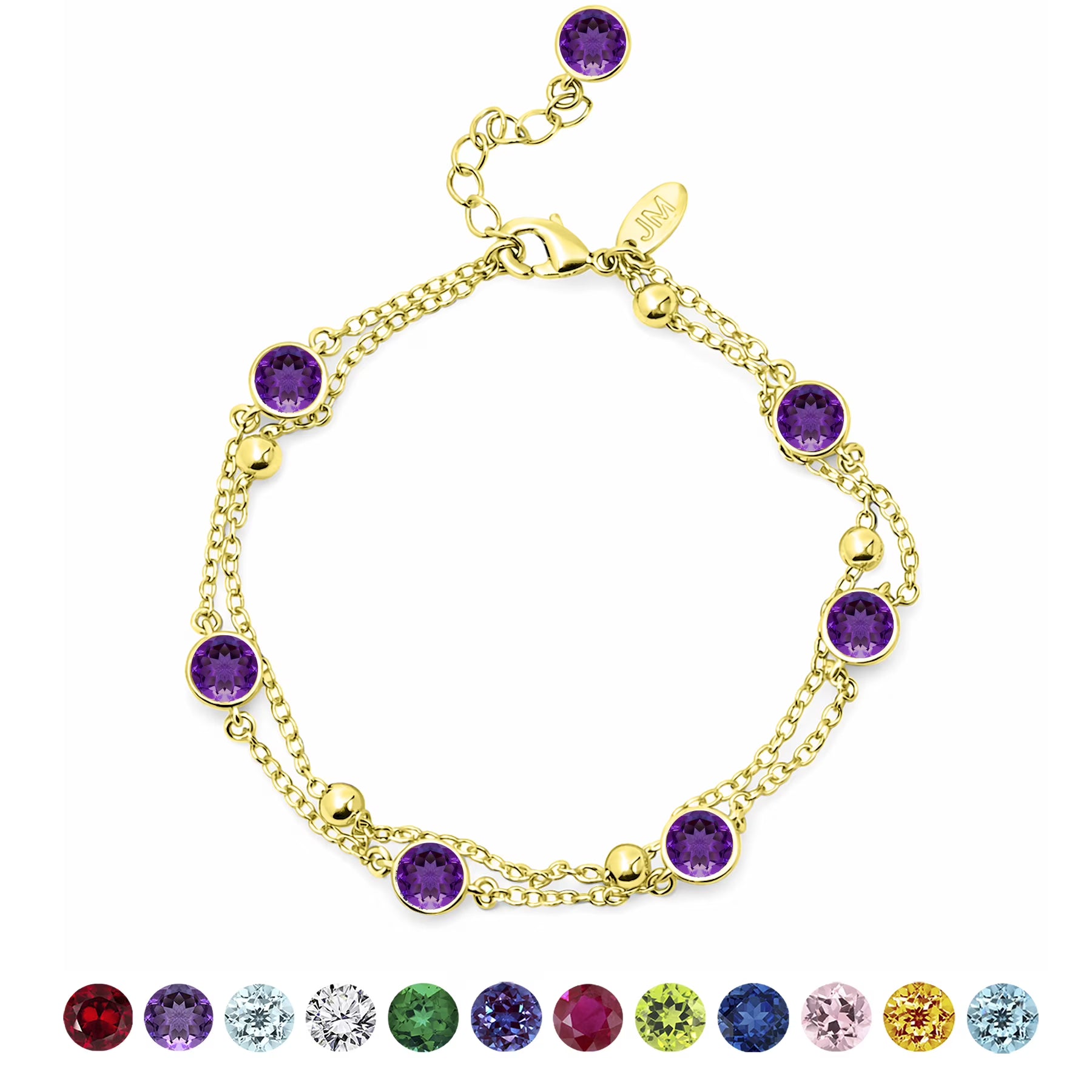 JeenMata 3.5 Carat February Amethyst Birthstone Double Layer Bracelet - in Yellow Gold Plating for Women