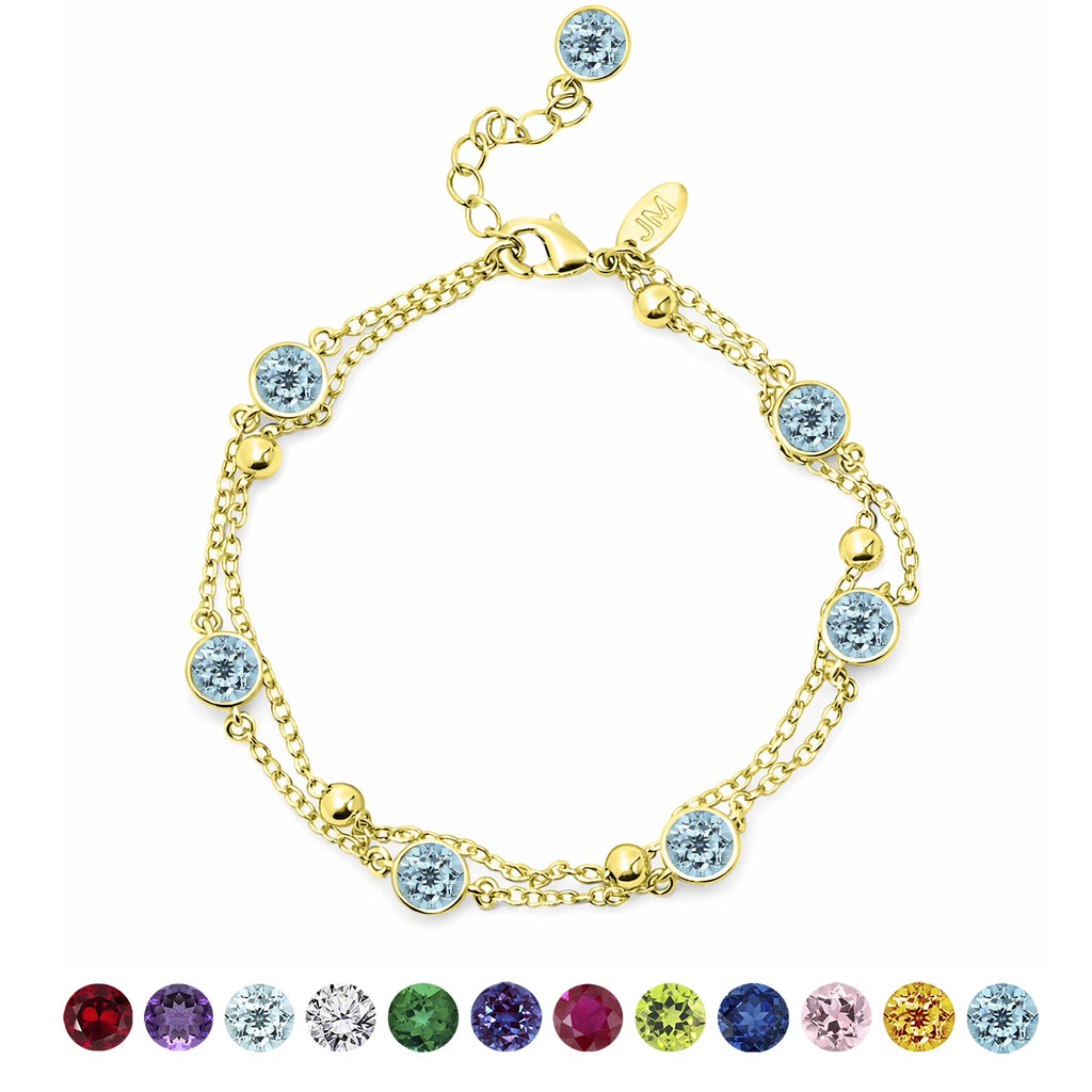 JeenMata 3.5 Carat March Aquamarine Birthstone Double Layer Bracelet - in Yellow Gold Plating for Women