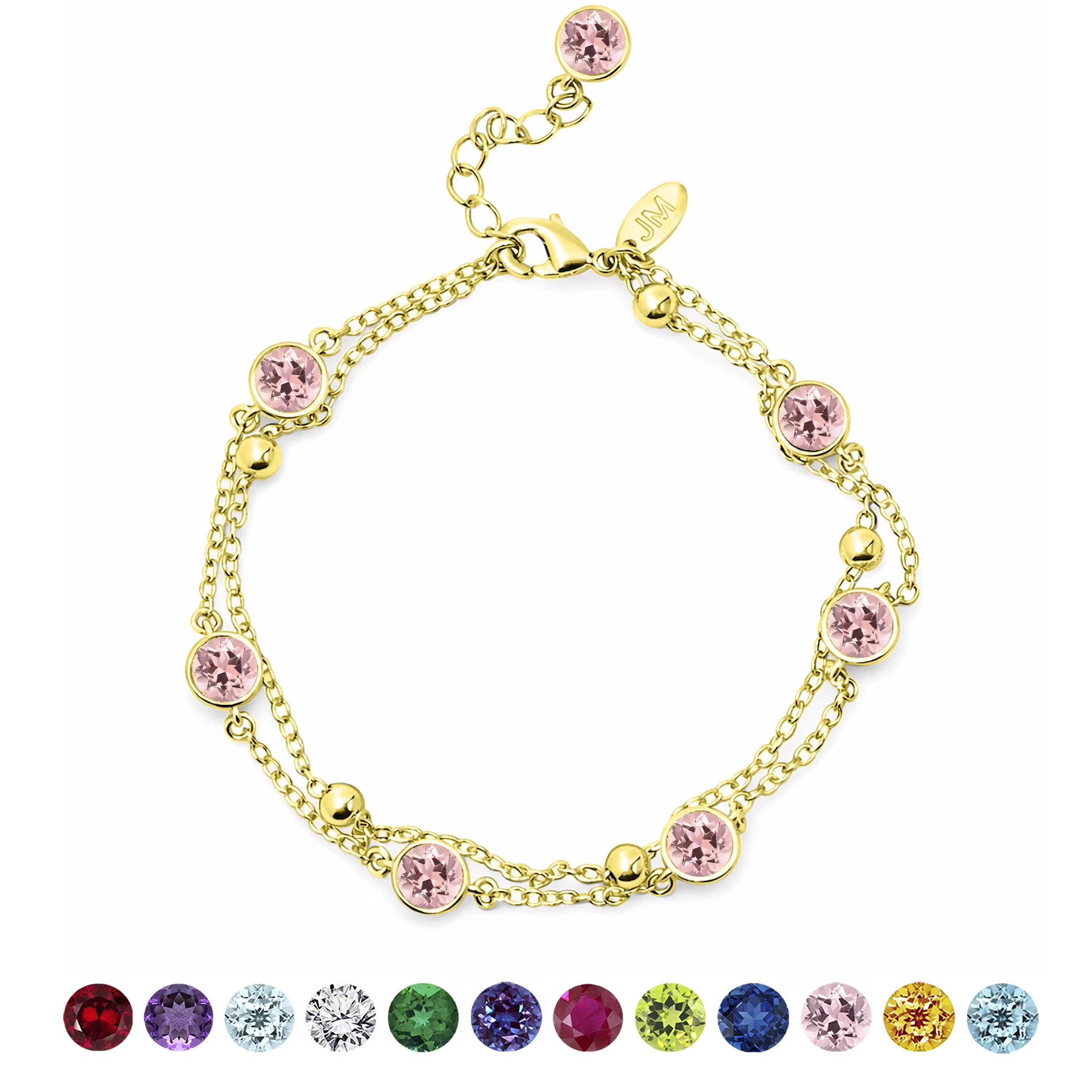 JeenMata 3.5 Carat October Pink Tourmaline Birthstone Double Layer Bracelet - in Yellow Gold Plating for Women