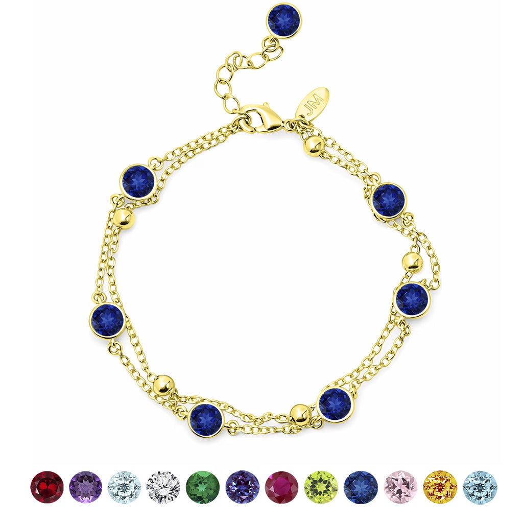 JeenMata 3.5 Carat September Royal Blue Sapphire Birthstone Double Layer Bracelet - in Yellow Gold Plating for Women