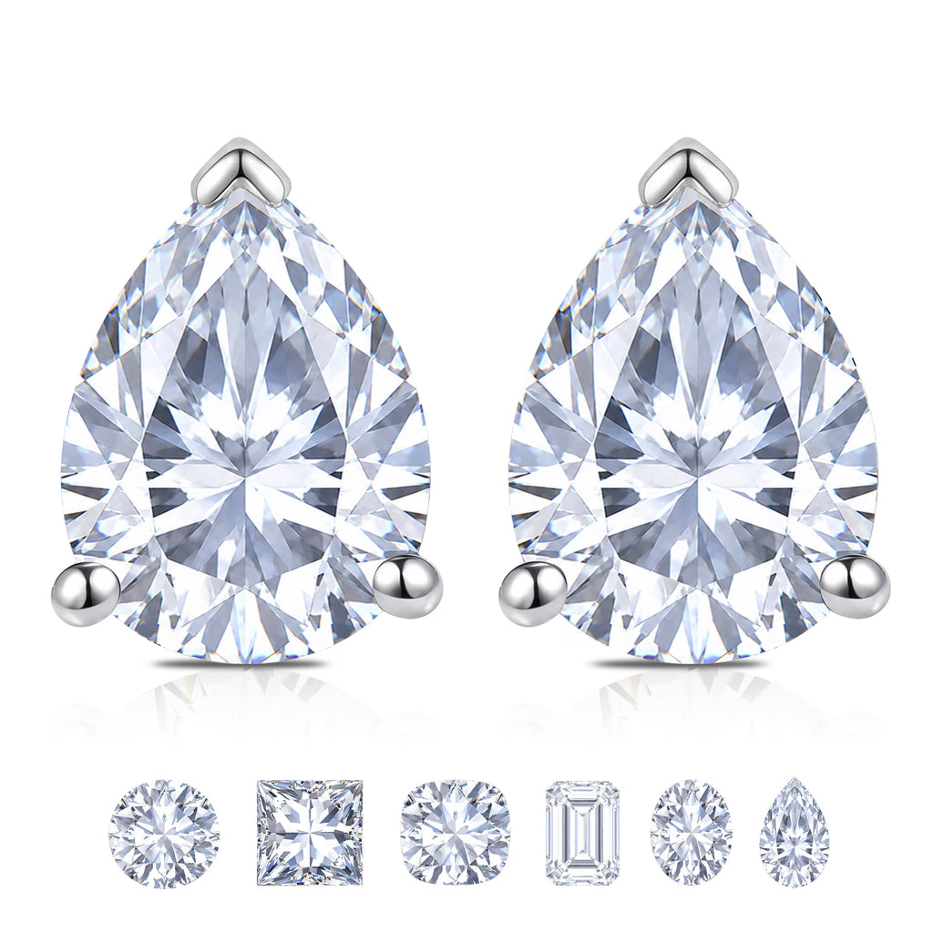 JeenMata 4 Carat Pear Cut Moissanite Minimalist Solitaire Stud Earrings in 18k White Gold Plating for Women
