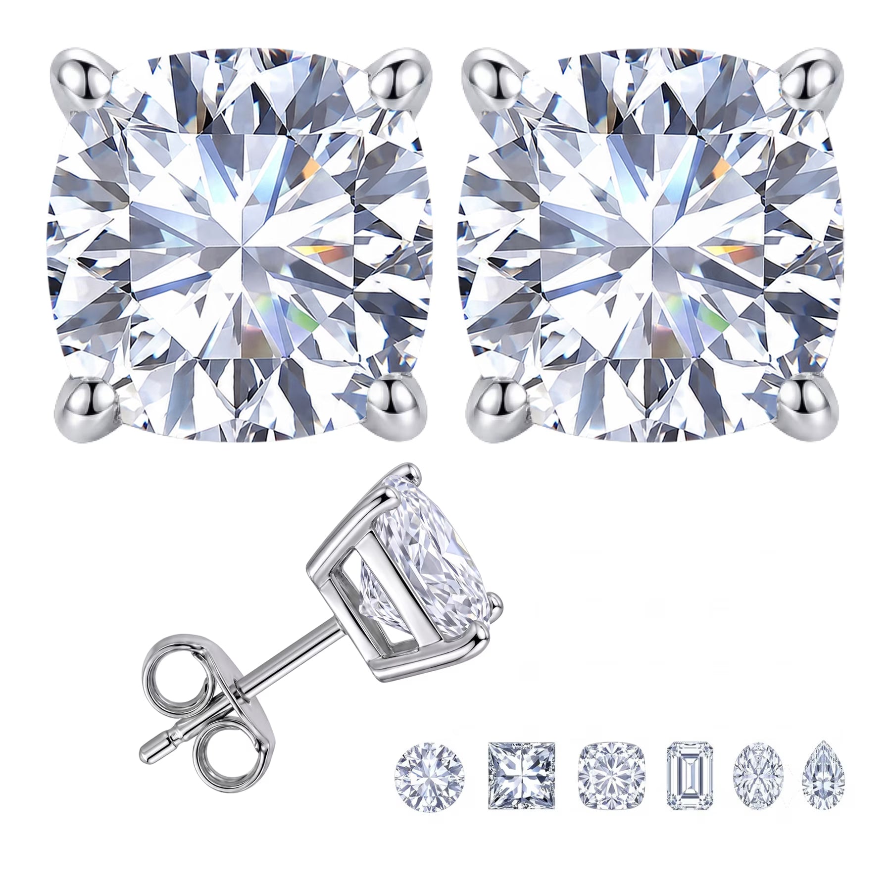 JeenMata 1 Carat Cushion Solitaire Moissanite Stud Earrings for Women, Earrings for Men, 18K White Gold Plated, Hypoallergenic Earrings, D VS1, Stud Earring for Woman, Jewelry, Gift, Earrings