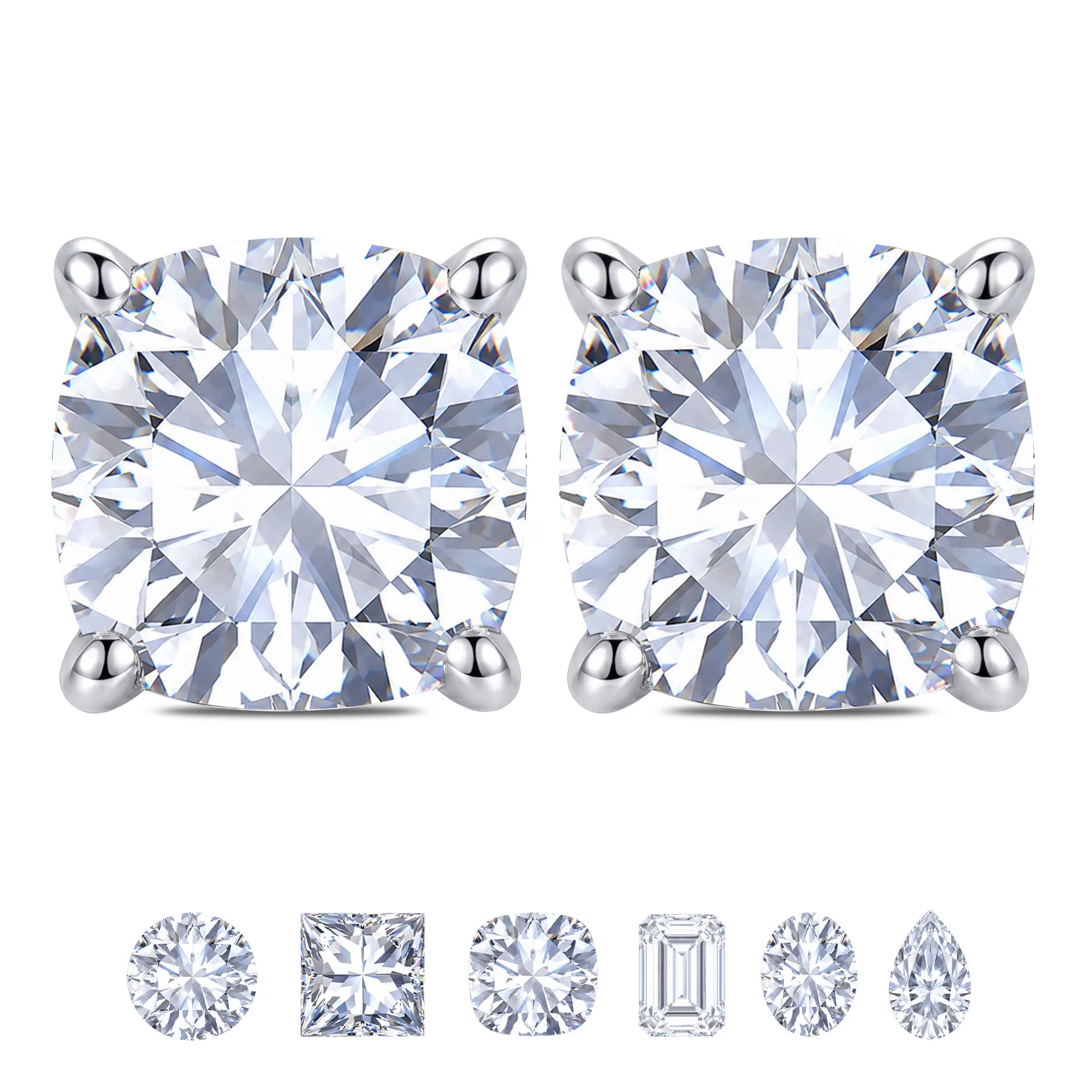 JeenMata 4 Prong - 1 Carat Cushion Cut Moissanite - Solitaire Stud Earrings in 18k White Gold Plating for Women