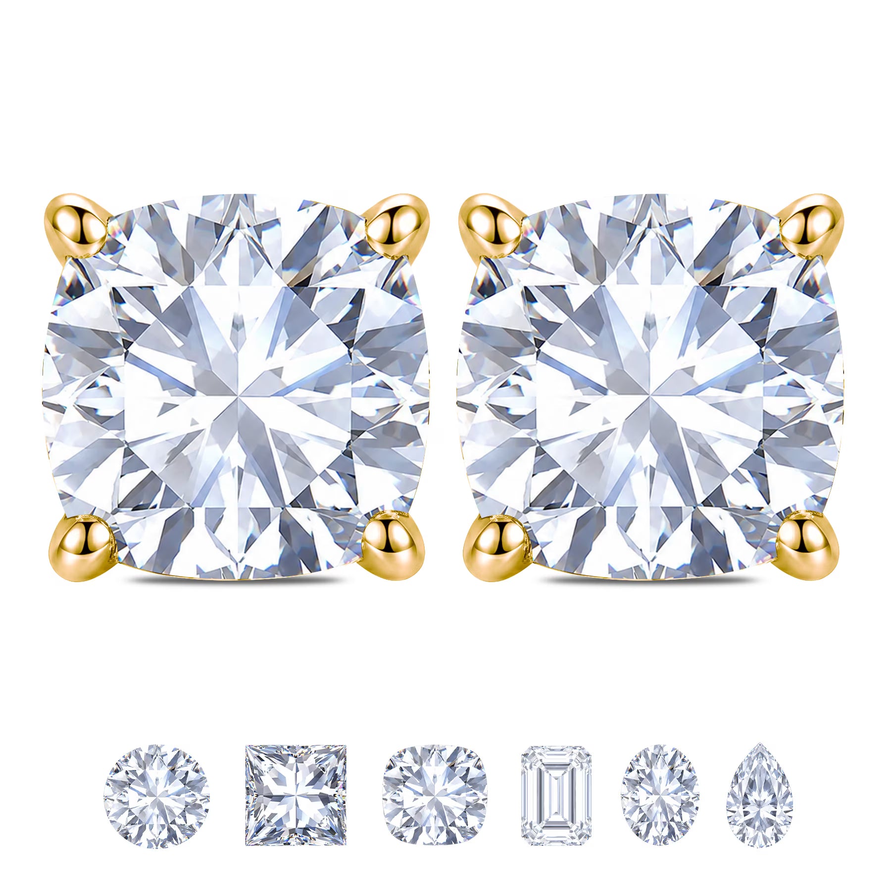 JeenMata 4 Prong - 1 Carat Cushion Cut Moissanite - Solitaire Stud Earrings in 18k Yellow Gold Plating for Women
