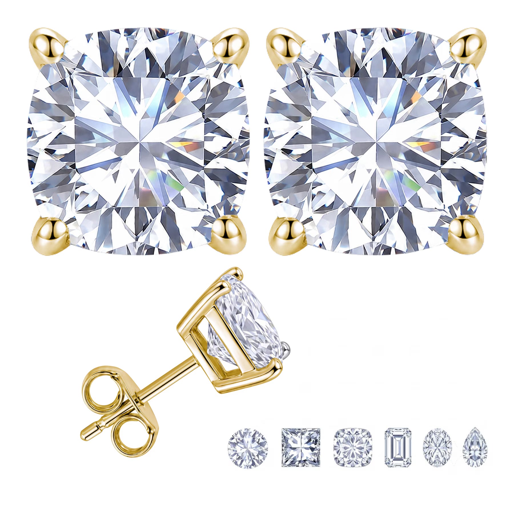 JeenMata 1 Carat Cushion Solitaire Moissanite Stud Earrings for Women, Earrings for Men, 18K Yellow Gold Plated, Hypoallergenic Earrings, D VS1, Stud Earring for Woman, Jewelry, Gift, Earrings