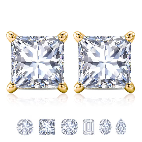 JeenMata 4 Prong - 1 Carat Princess Cut Moissanite - Solitaire Stud Earrings in 18k Yellow Gold Plating for Women