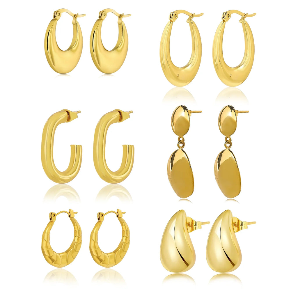 JEENMATA 6 Pairs Fashion MultiPack Earrings Set for Women in Yellow Gold Plating, Hoop Earrings, Chunky, Lightweight Drop Hypoallergenic Earrings Jewelry Gift for Women
