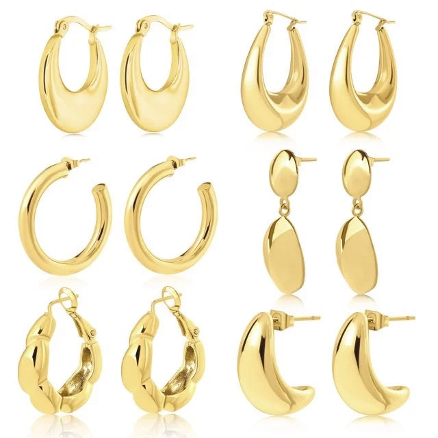 JEENMATA 6 Pairs Fashion MultiPack Earrings Set for Women in Yellow Gold Plating, Hoop Earrings, Chunky, Lightweight Drop Hypoallergenic Earrings Jewelry Gift for Women