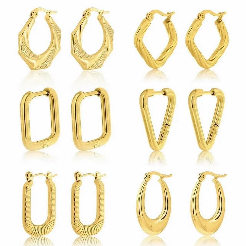 6 Pairs MultiPack Fashion Earrings Set in Yellow Gold Plating, Chunky, Twisted, Hoop Earrings, Paperclip, Drop Earrings, Jewelry Gift for Women