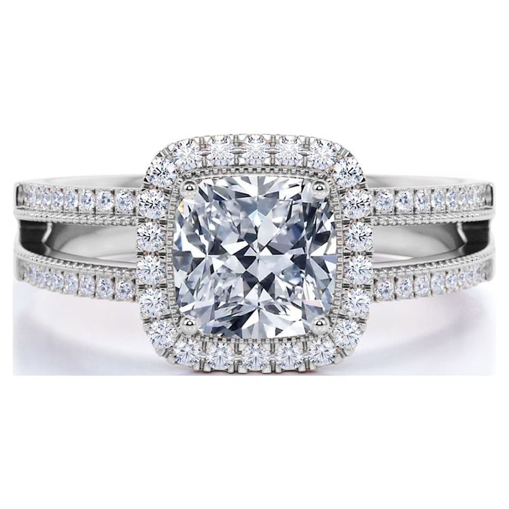 JeenMata 0.63 ct Cushion Cut Lab Grown Diamond - Vintage Style - Engagement Ring - Split Shank - Halo Ring - 10K White Gold