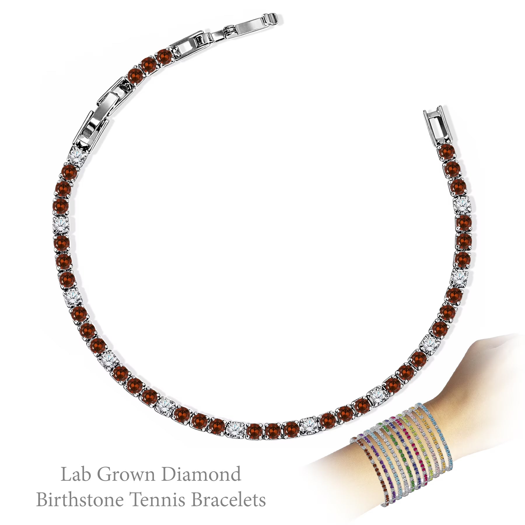 JeenMata 8 Carat Lab Grown Diamond & Garnet Alternating Birthstone Tennis Bracelets - 18K White Gold Plating for Women Eternity Design Bracelet
