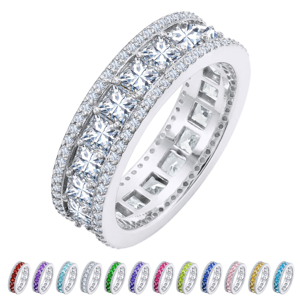 JeenMata 8 Carat Princess Cut - April Birthstone Eternity Ring in 18K White Gold Plating for Women - Stackable Wedding Anniversary Promise Band with Cubic Zirconia