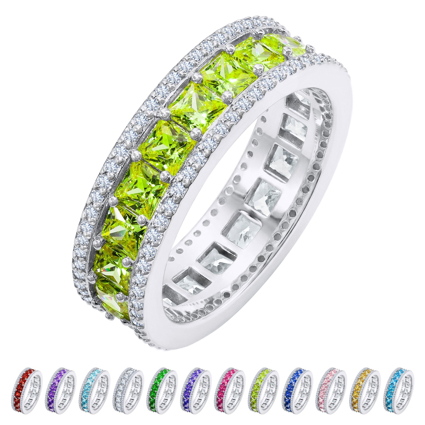 JeenMata 8 Carat Princess Cut - August Birthstone Eternity Ring in 18K White Gold Plating for Women - Stackable Wedding Anniversary Promise Band with Peridot Cubic Zirconia