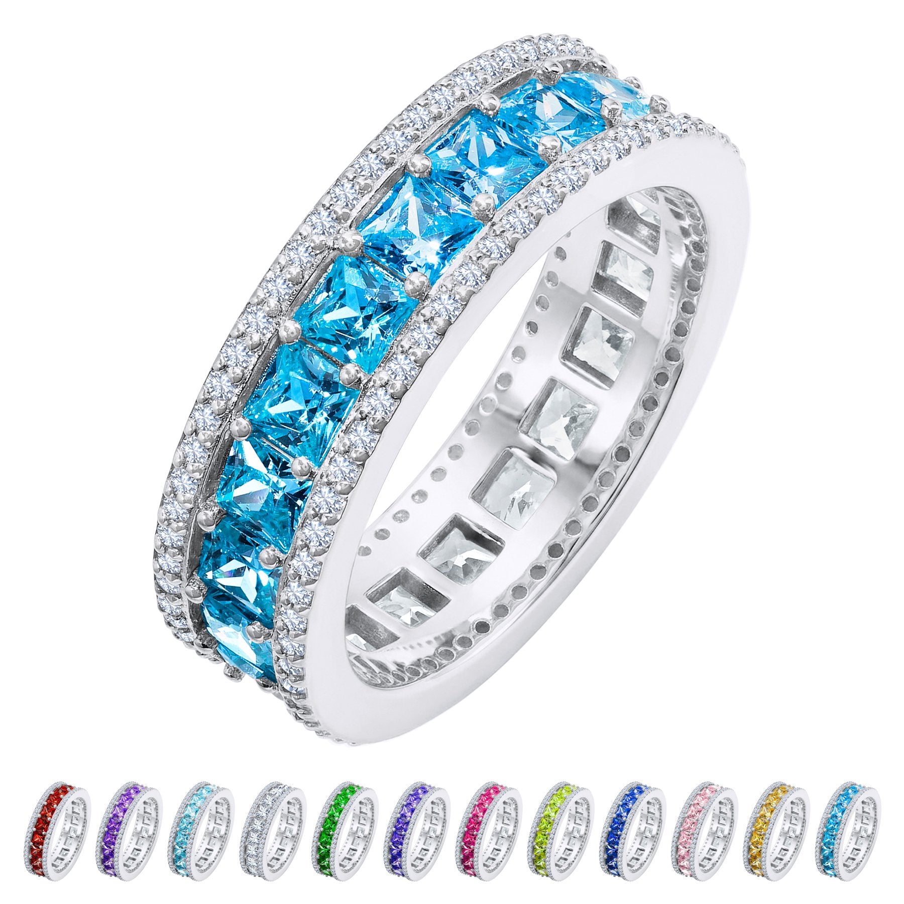 JeenMata 8 Carat Princess Cut - December Birthstone Eternity Ring in 18K White Gold Plating for Women - Stackable Wedding Anniversary Promise Band with Blue Topaz Cubic Zirconia