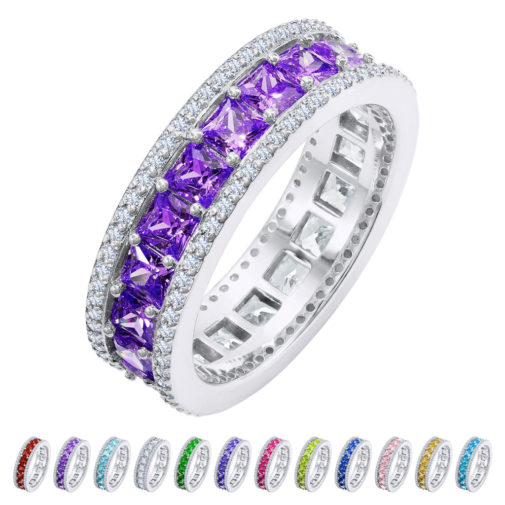 JeenMata 8 Carat Princess Cut - February Birthstone Eternity Ring in 18K White Gold Plating for Women - Stackable Wedding Anniversary Promise Band with Amethyst Cubic Zirconia