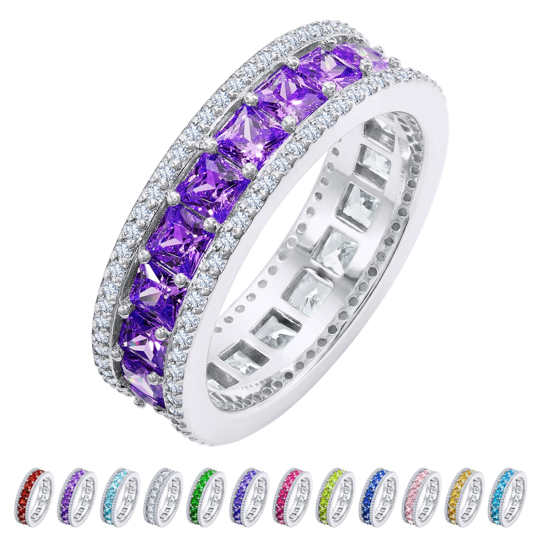 JeenMata 8 Carat Princess Cut - February Birthstone Eternity Ring in 18K White Gold Plating for Women - Stackable Wedding Anniversary Promise Band with Amethyst Cubic Zirconia