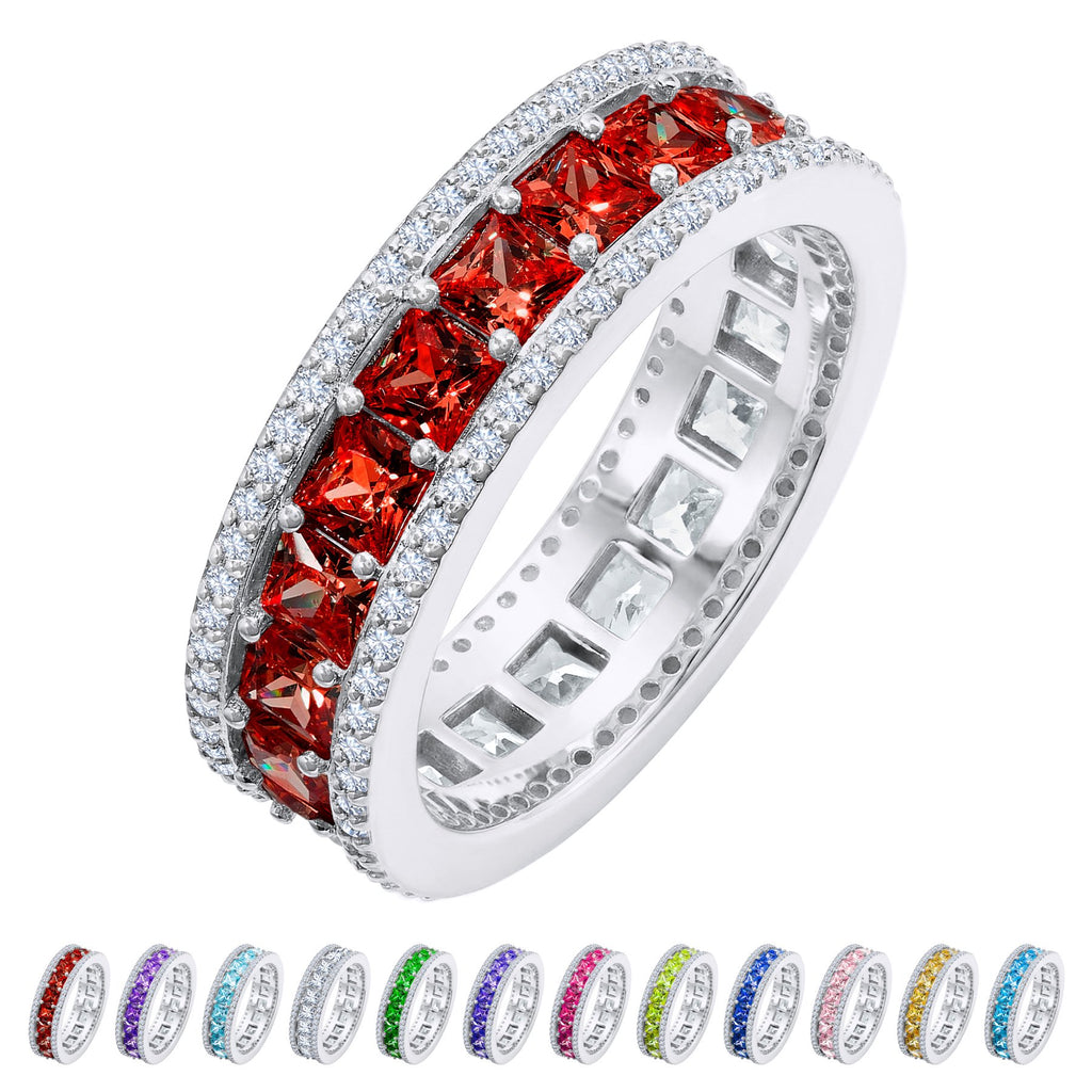 JeenMata 8 Carat Princess Cut - January Birthstone Eternity Ring in 18K White Gold Plating for Women - Stackable Wedding Anniversary Promise Band with Garnet Cubic Zirconia