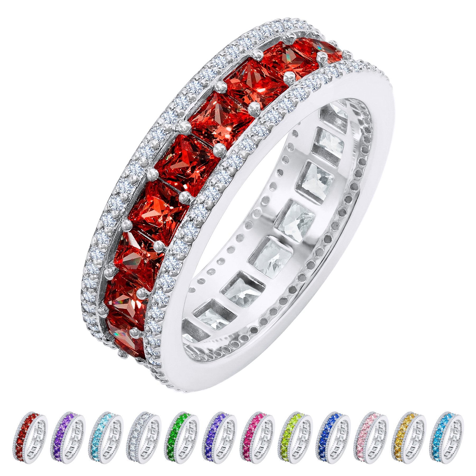JeenMata 8 Carat Princess Cut - January Birthstone Eternity Ring in 18K White Gold Plating for Women - Stackable Wedding Anniversary Promise Band with Garnet Cubic Zirconia
