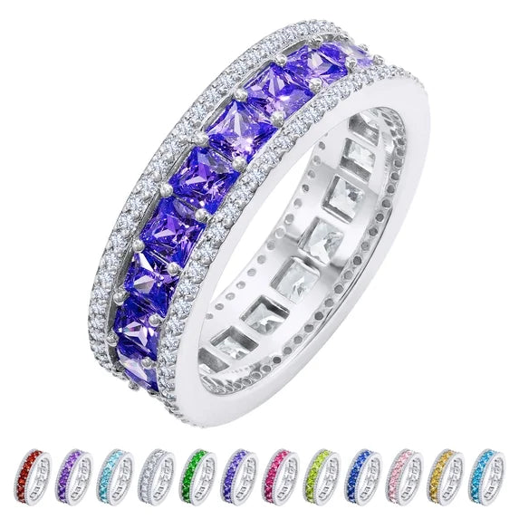 JeenMata 8 Carat Princess Cut - June Birthstone Eternity Ring in 18K White Gold Plating for Women - Stackable Wedding Anniversary Promise Band with Alexandrite Cubic Zirconia (Copy)