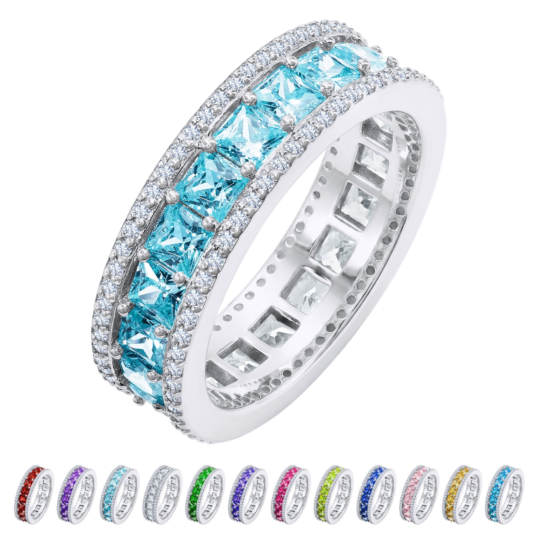 JeenMata 8 Carat Princess Cut - March Birthstone Eternity Ring in 18K White Gold Plating for Women - Stackable Wedding Anniversary Promise Band with Aquamarine Cubic Zirconia