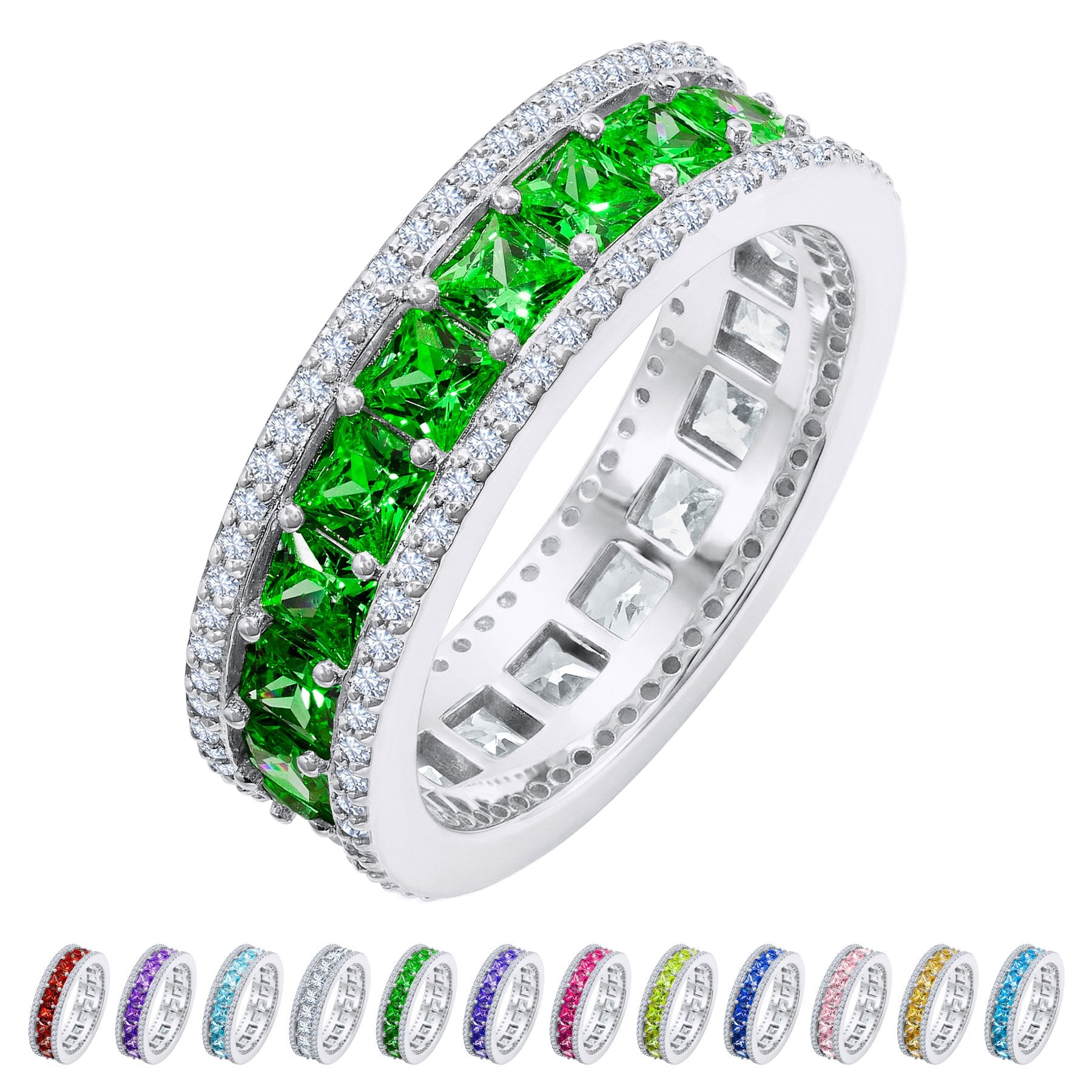 JeenMata 8 Carat Princess Cut - May Birthstone Eternity Ring in 18K White Gold Plating for Women - Stackable Wedding Anniversary Promise Band with Emerald Cubic Zirconia