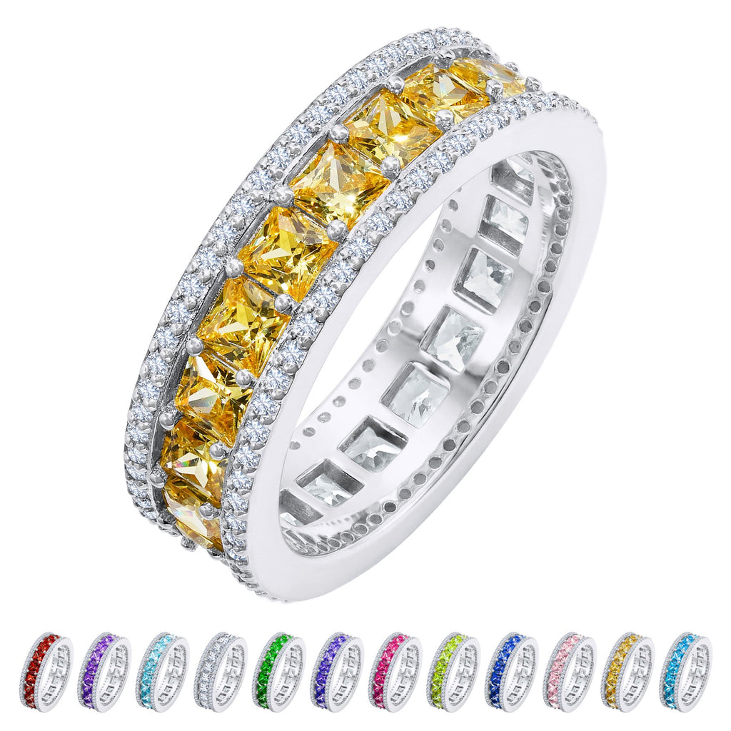 JeenMata 8 Carat Princess Cut - November Birthstone Eternity Ring in 18K White Gold Plating for Women - Stackable Wedding Anniversary Promise Band with Citrine Cubic Zirconia