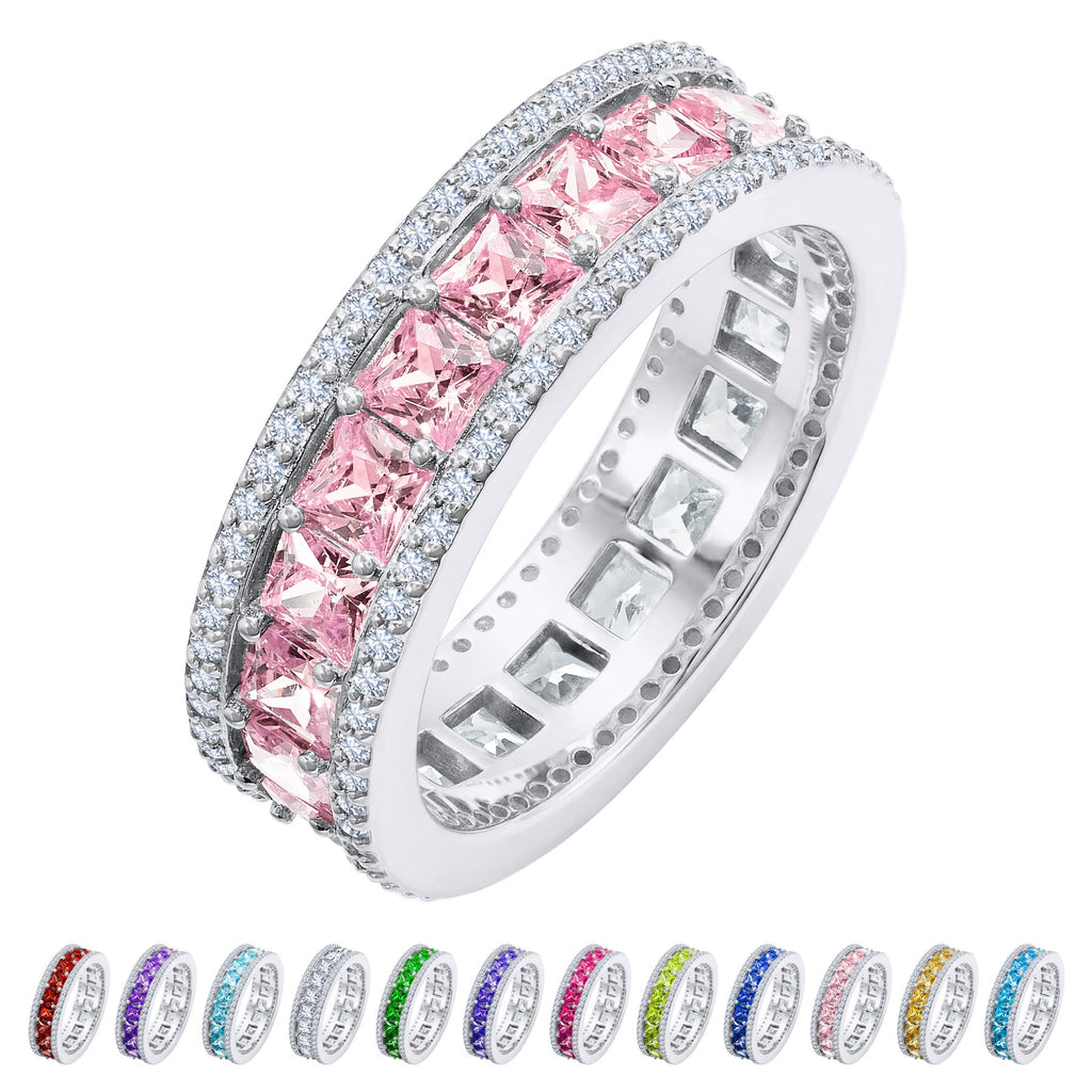 JeenMata 8 Carat Princess Cut - October Birthstone Eternity Ring in 18K White Gold Plating for Women - Stackable Wedding Anniversary Promise Band with Pink Tourmaline Cubic Zirconia