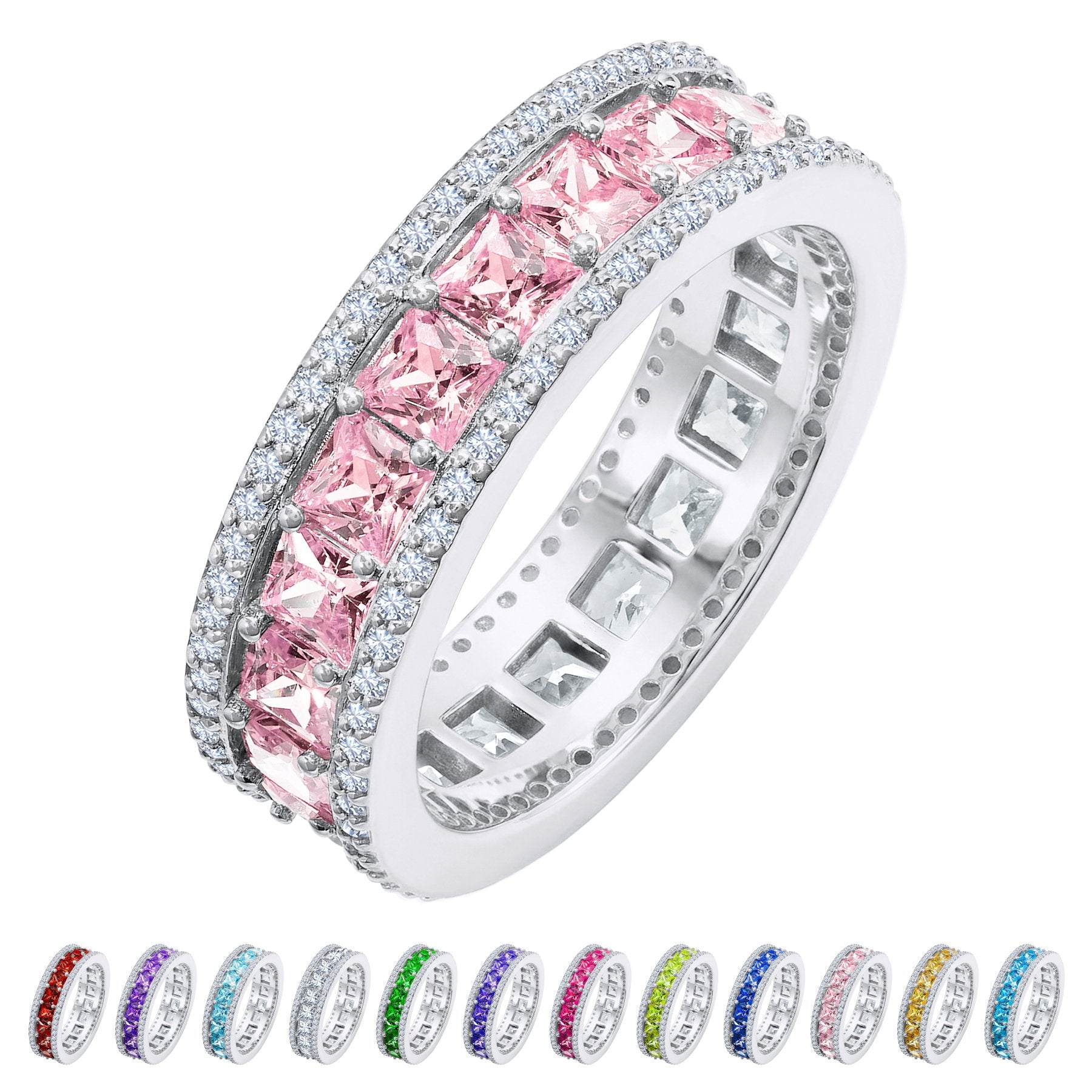 JeenMata 8 Carat Princess Cut - October Birthstone Eternity Ring in 18K White Gold Plating for Women - Stackable Wedding Anniversary Promise Band with Pink Tourmaline Cubic Zirconia