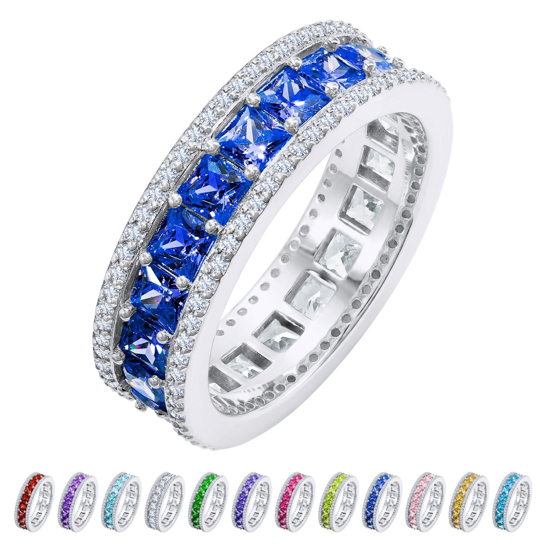 JeenMata 8 Carat Princess Cut - September Birthstone Eternity Ring in 18K White Gold Plating for Women - Stackable Wedding Anniversary Promise Band with Blue Sapphire Cubic Zirconia