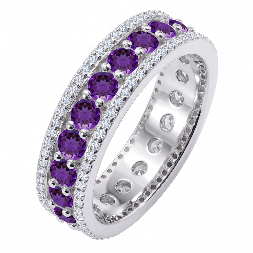 JeenMata 8 Carat Round Cut - February Birthstone Eternity Band Ring - Amethyst Cubic Zirconia Halo Anniversary Wedding Band in 18K White Gold Plating for Women