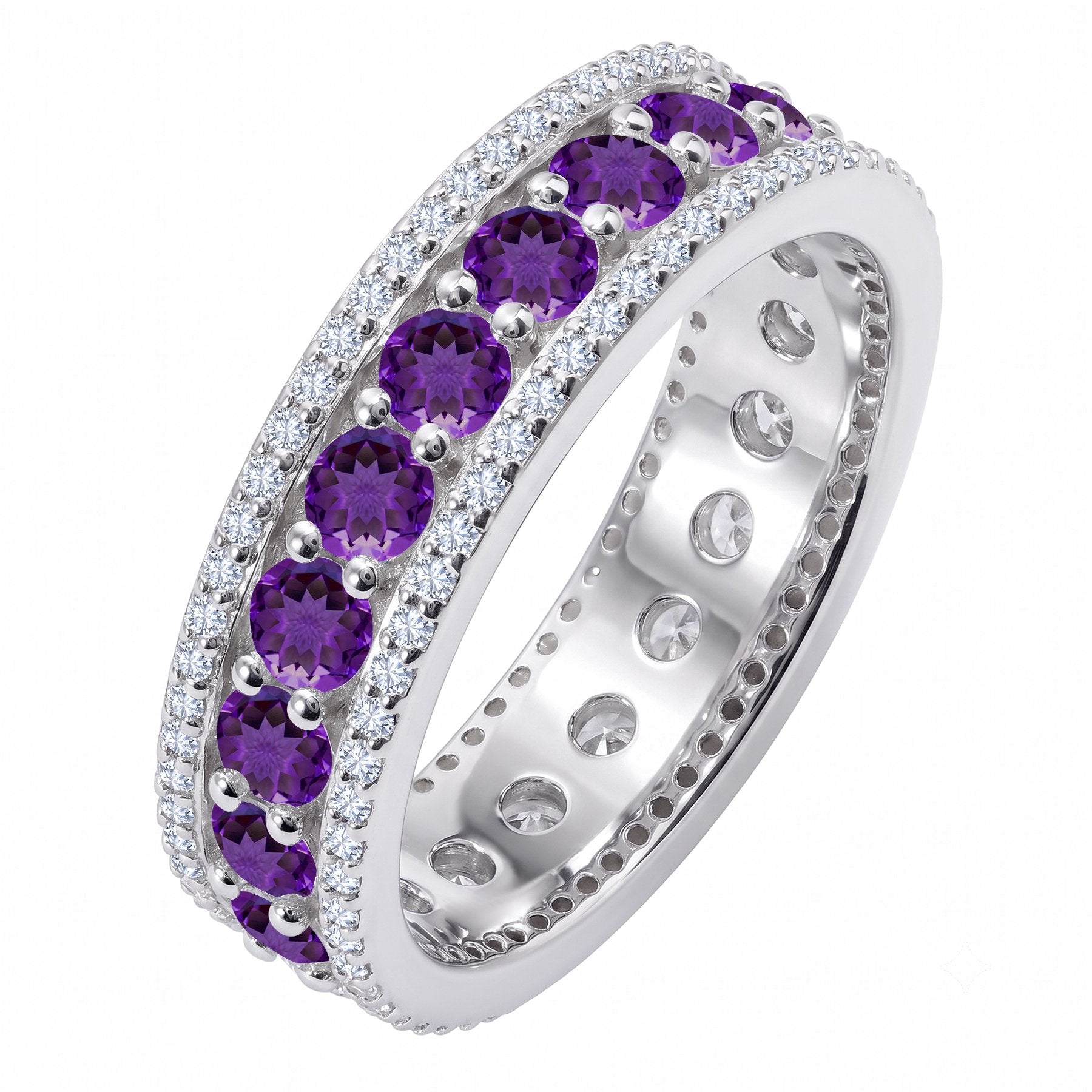 JeenMata 8 Carat Round Cut - February Birthstone Eternity Band Ring - Amethyst Cubic Zirconia Halo Anniversary Wedding Band in 18K White Gold Plating for Women