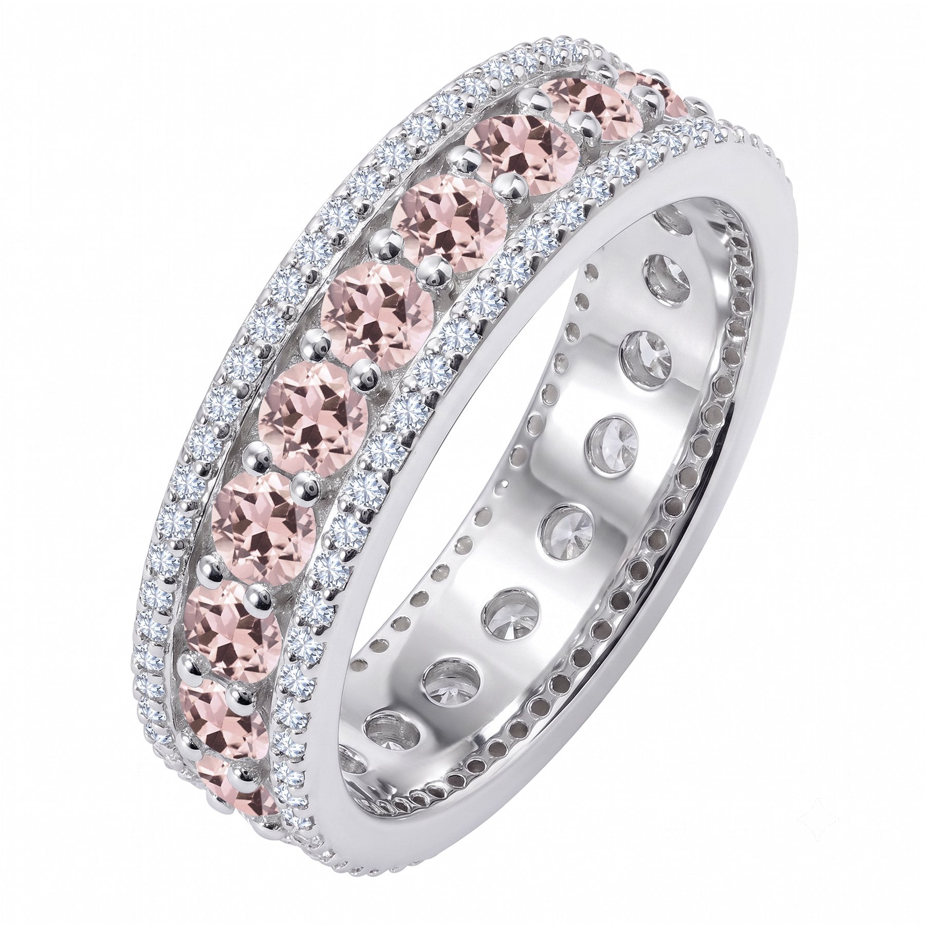 JeenMata 8 Carat Round Cut - October Birthstone Eternity Band Ring - Pink Tourmaline Cubic Zirconia Halo Anniversary Wedding Band in 18K White Gold Plating for Women