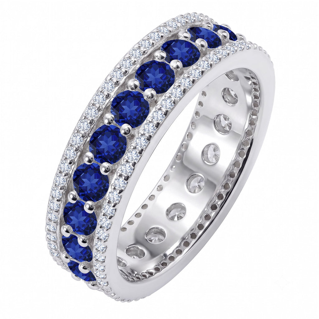 JeenMata 8 Carat Round Cut - September Birthstone Eternity Band Ring - Blue Sapphire Cubic Zirconia Halo Anniversary Wedding Band in 18K White Gold Plating for Women