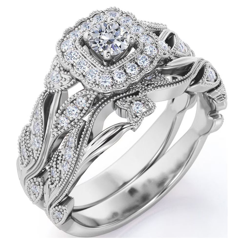 JeenMata Antique - Round Lab Grown Diamond - Edwardian Diamond Filigree Ring - Art Deco Style - Wedding Ring Set in 10K White Gold