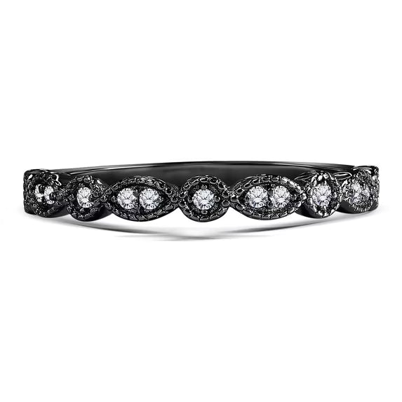 JeenMata Art-Deco 0.25 Carat Round Brilliant Cut April Birthstone Filigree Milgrain Wedding Band in 18K Black Gold Plating for Women
