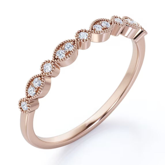 JeenMata Art-Deco 0.25 Carat Round Brilliant Cut April Birthstone Filigree Milgrain Wedding Band in 18K Rose Gold Plating for Women