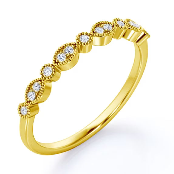 JeenMata Art-Deco 0.25 Carat Round Brilliant Cut April Birthstone Filigree Milgrain Wedding Band in 18K Yellow Gold Plating for Women