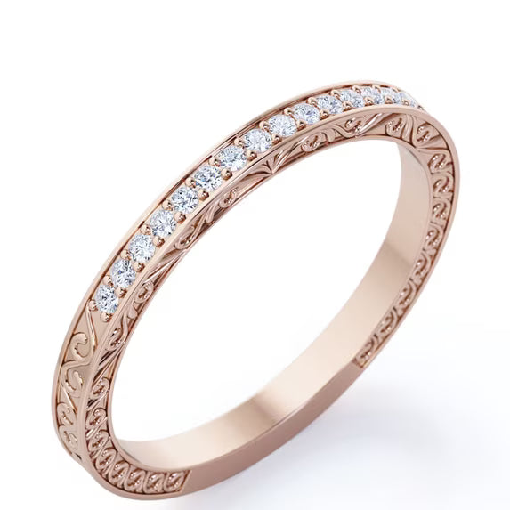 JeenMata Art-Deco 0.25 Carat April Birthstone Victorian Style Round Cut Wedding Band in 18K Rose Gold Plating for Women