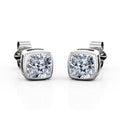 JeenMata Bezel Set 2 Carat Cushion Shaped Moissanite Solitaire Stud Earrings In 18K White Gold Plating Over Silver