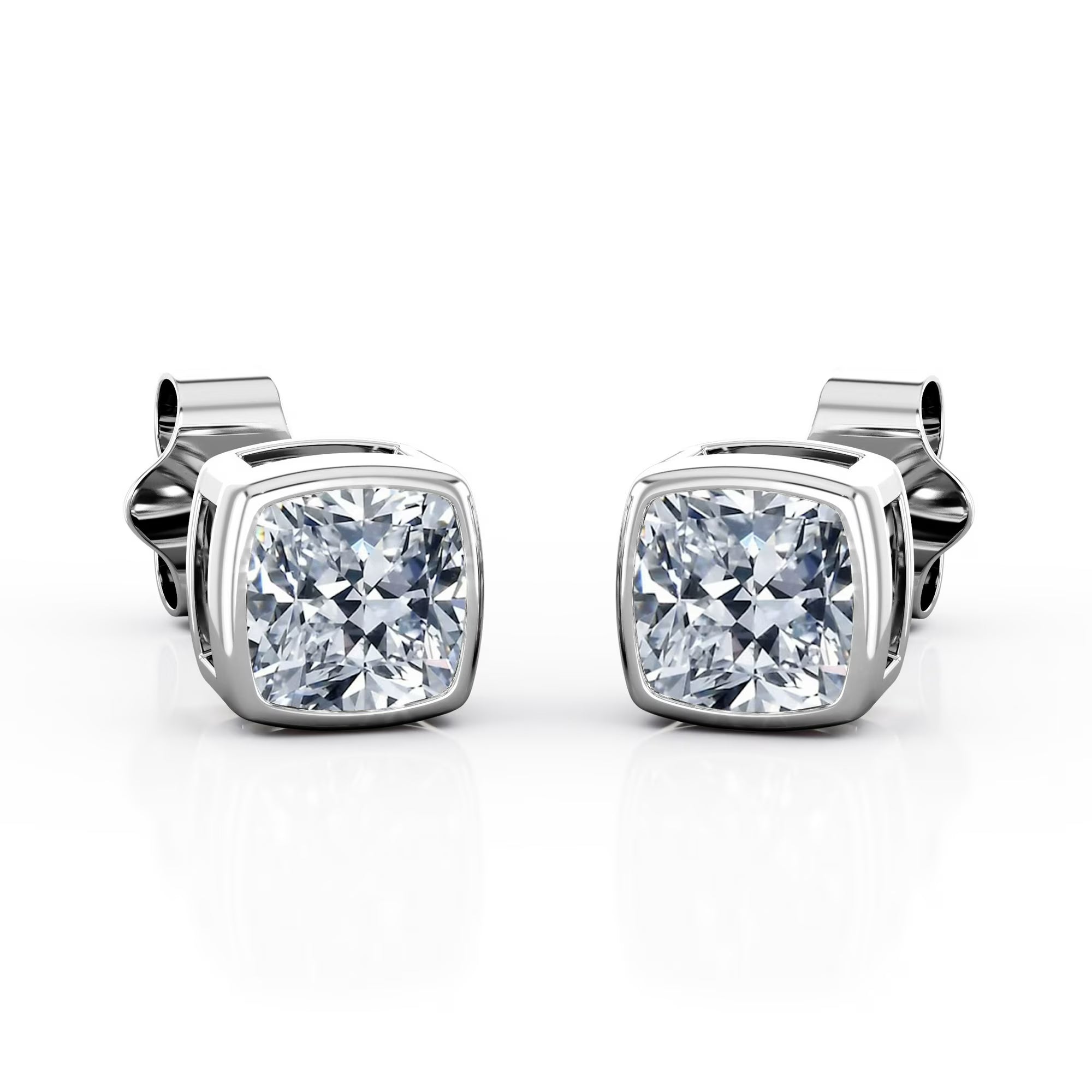 JeenMata Bezel Set 2 Carat Cushion Shaped Moissanite Solitaire Stud Earrings In 18K White Gold Plating Over Silver