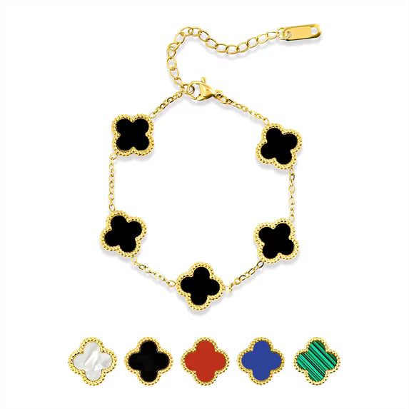 JeenMata Black Flower Link Bracelet in Yellow Gold Plated