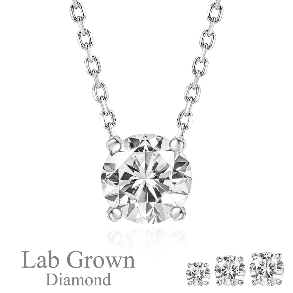 JeenMata Lab Grown Diamond 1 Carat Round Cut Classic Solitaire Pendant Necklace - in 18K White Gold Plating for Women