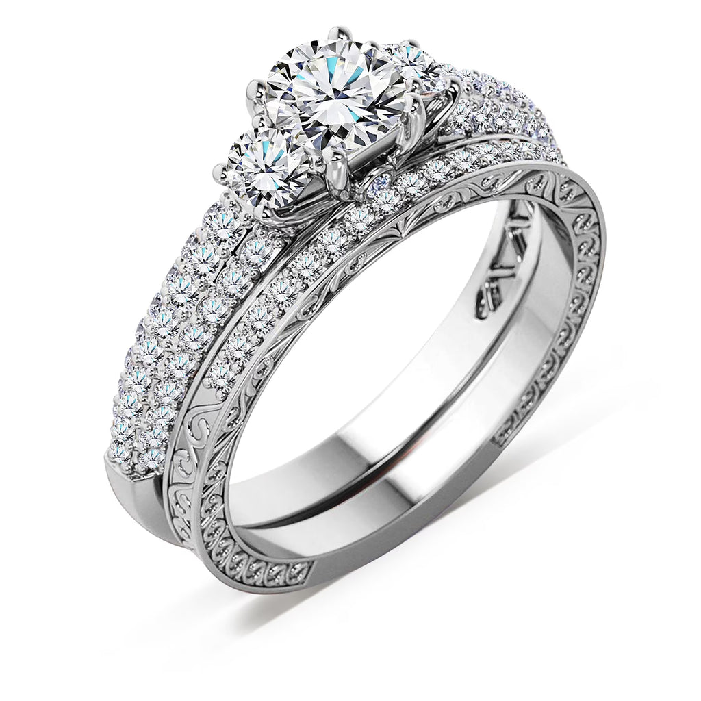 JeenMata 1.25 Carat Round Brilliant Cut Lab Grown Three Stones Diamond - Vintage Design Wedding Ring Set in 18K White Gold Plating for Women