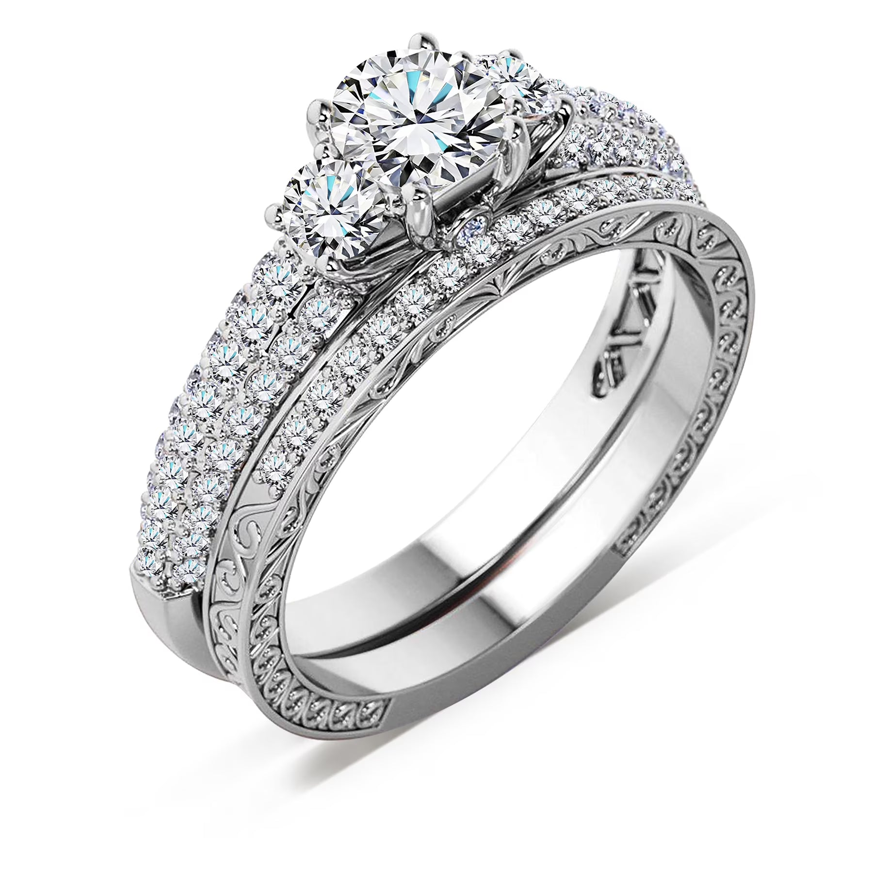 JeenMata 1.25 Carat Round Brilliant Cut Lab Grown Three Stones Diamond - Vintage Design Wedding Ring Set in 18K White Gold Plating for Women