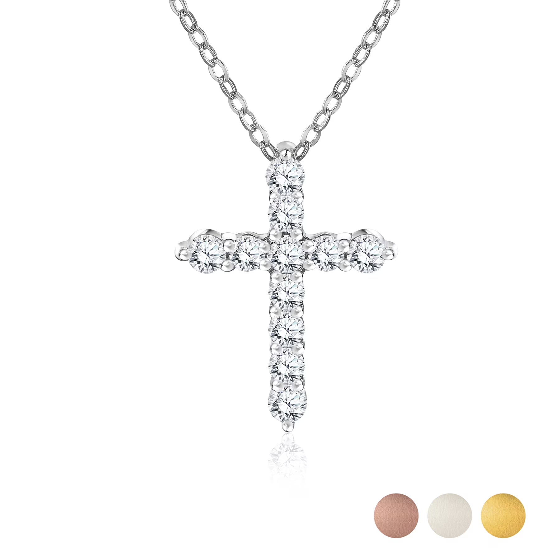 JeenMata Lab Grown Diamond Cross Pendant Necklace in 18K White Gold Plating for Women